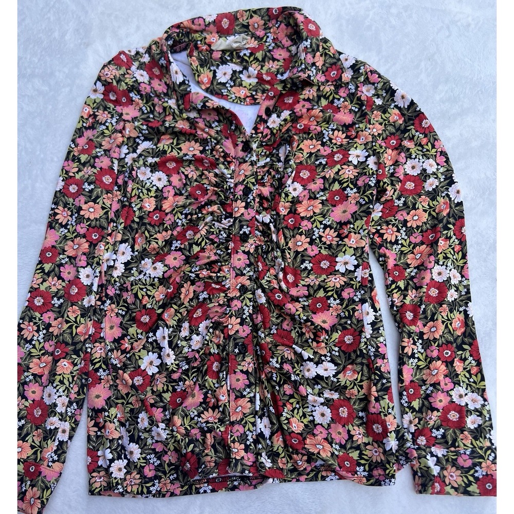 By Design Floral Print V Neck Button up Stretchy Soft Blouse Size Large EUC